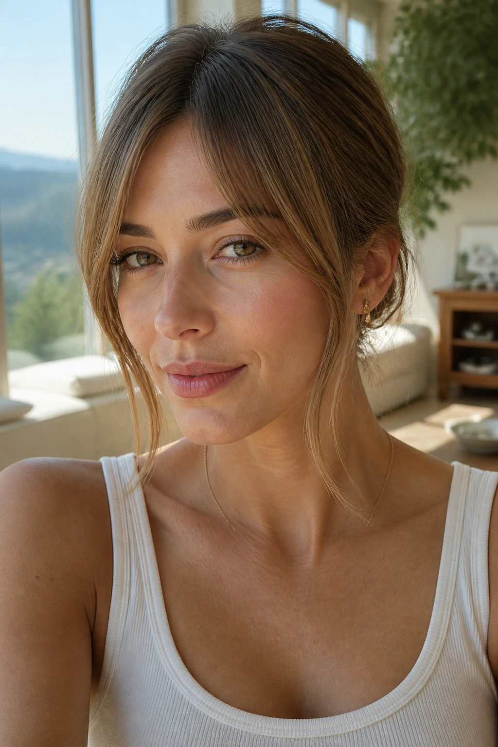 Close-up of a woman with long bangs and side tendrils
