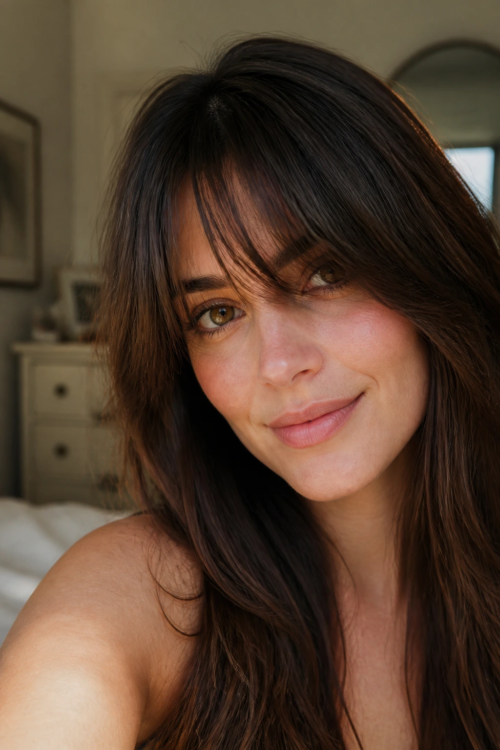 Close-up portrait of a real woman with thick long bangs framing a heart-shaped face in warm window light.