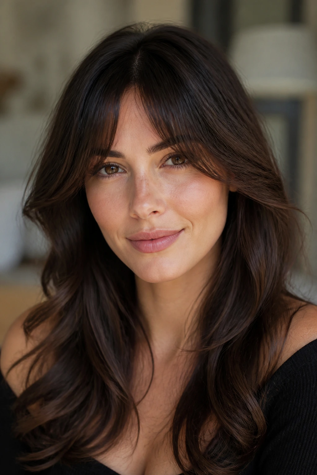 Real person with thick hair and bangs sitting below the brow on a heart-shaped face.
