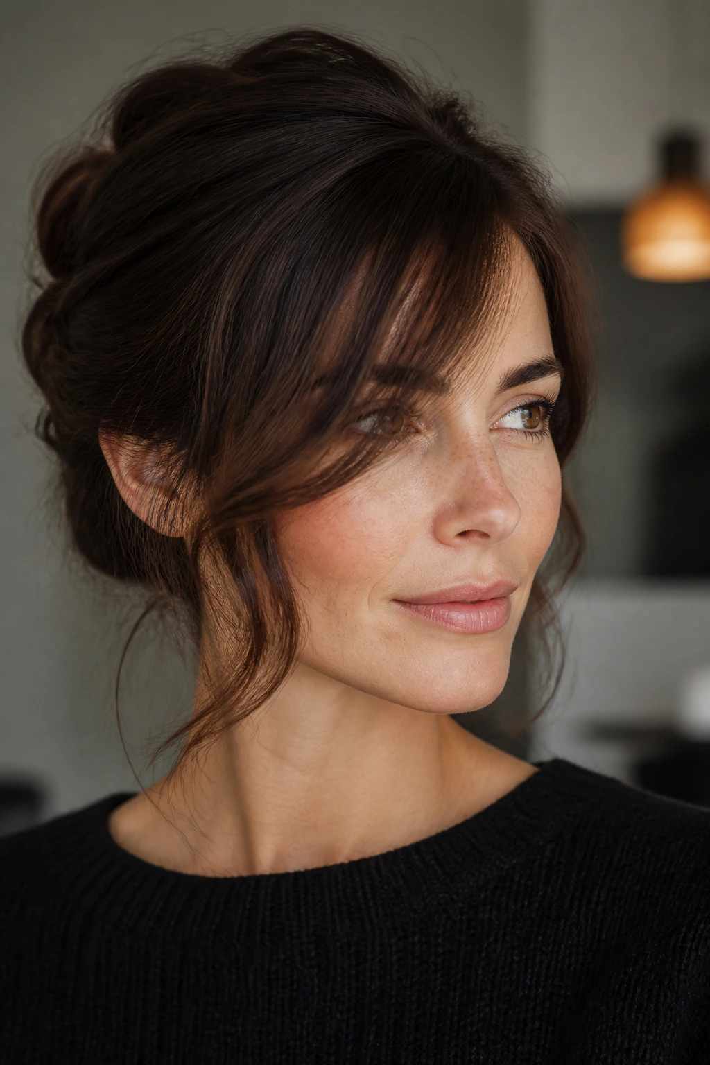 Close-up portrait of a real person with long, versatile bangs