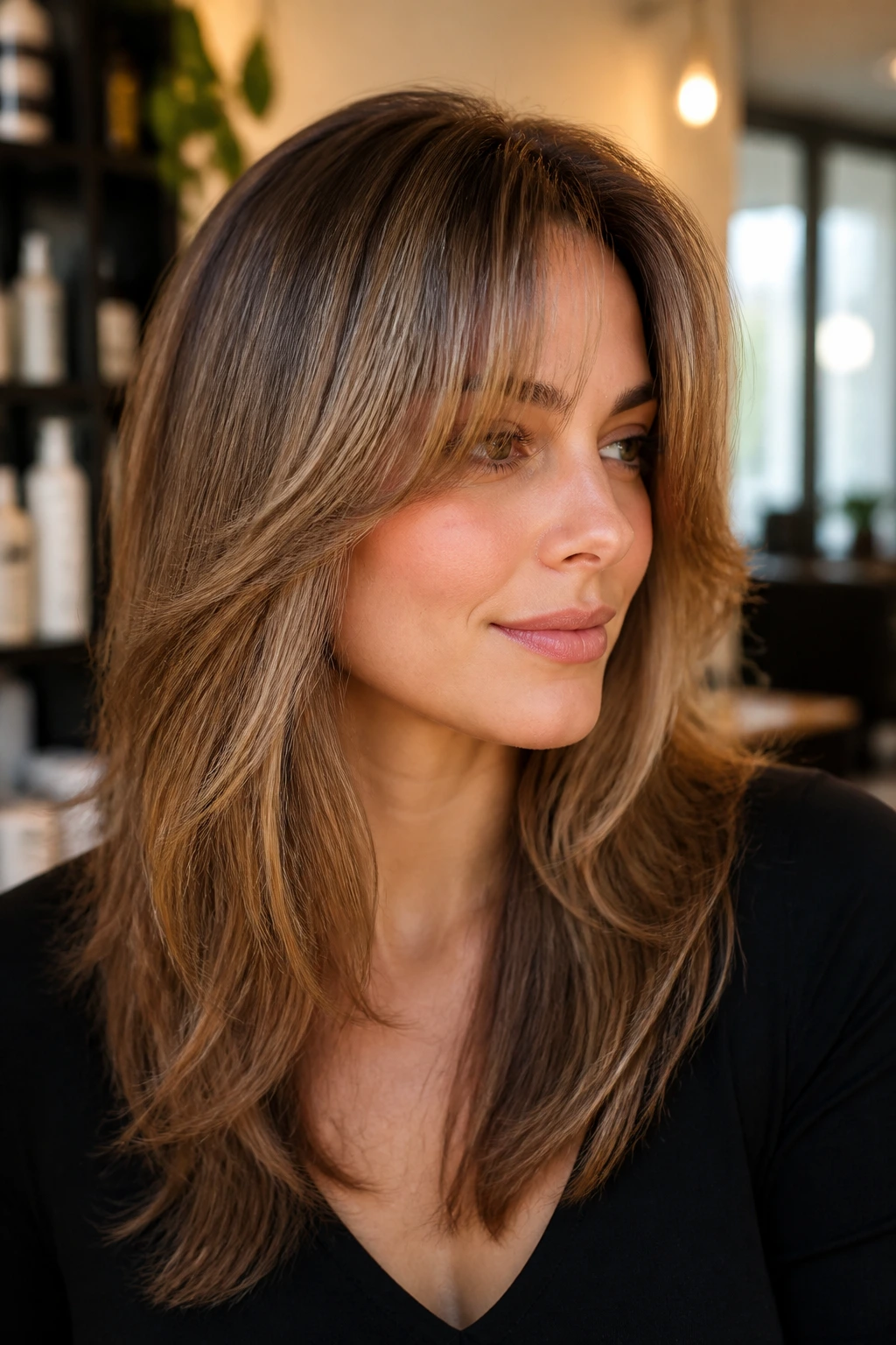 Close-up portrait of a real woman with long bangs in a soft curtain fringe, warm salon lighting