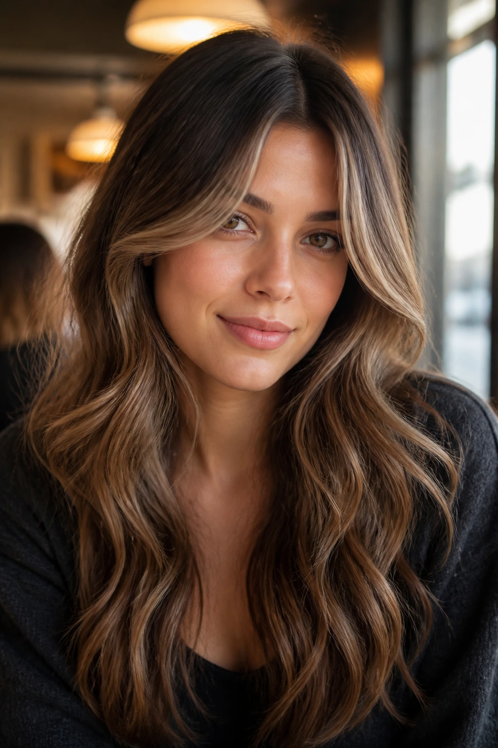 Close-up of a real woman with long bangs on wavy hair and a centered part