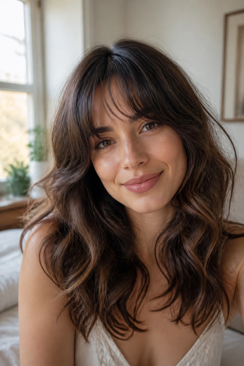 Close-up of a real woman with long wavy bangs framing an oval face in warm window light