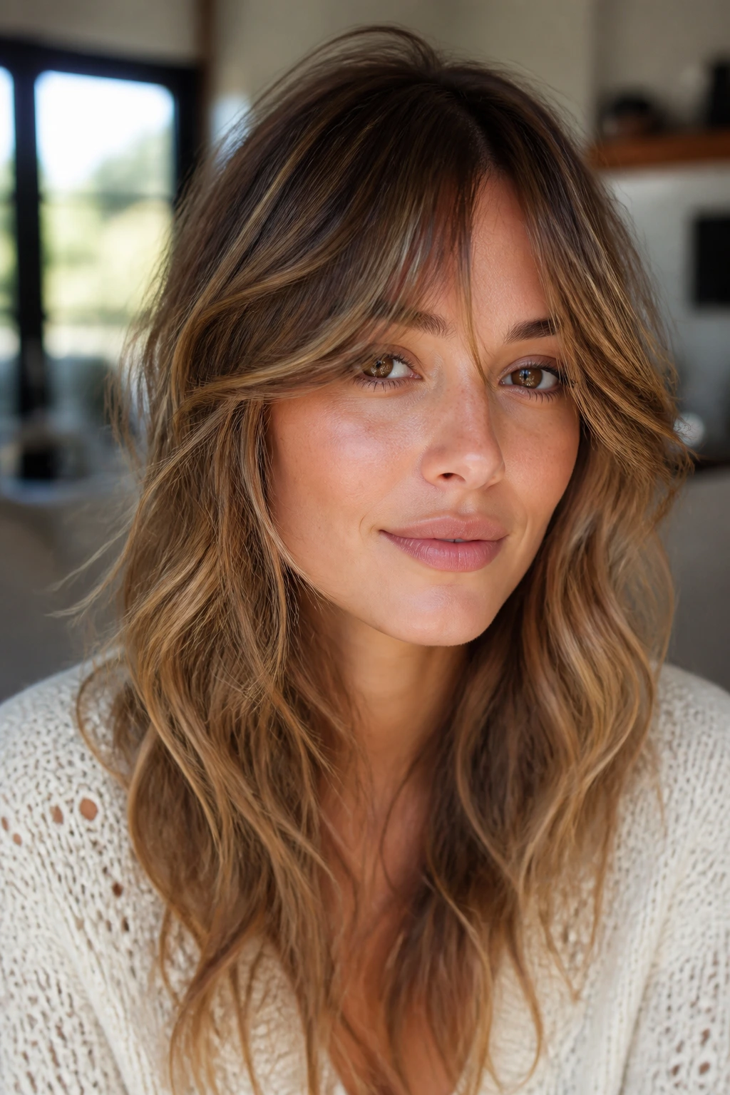 Portrait of a person with long bangs following waves on an oval face