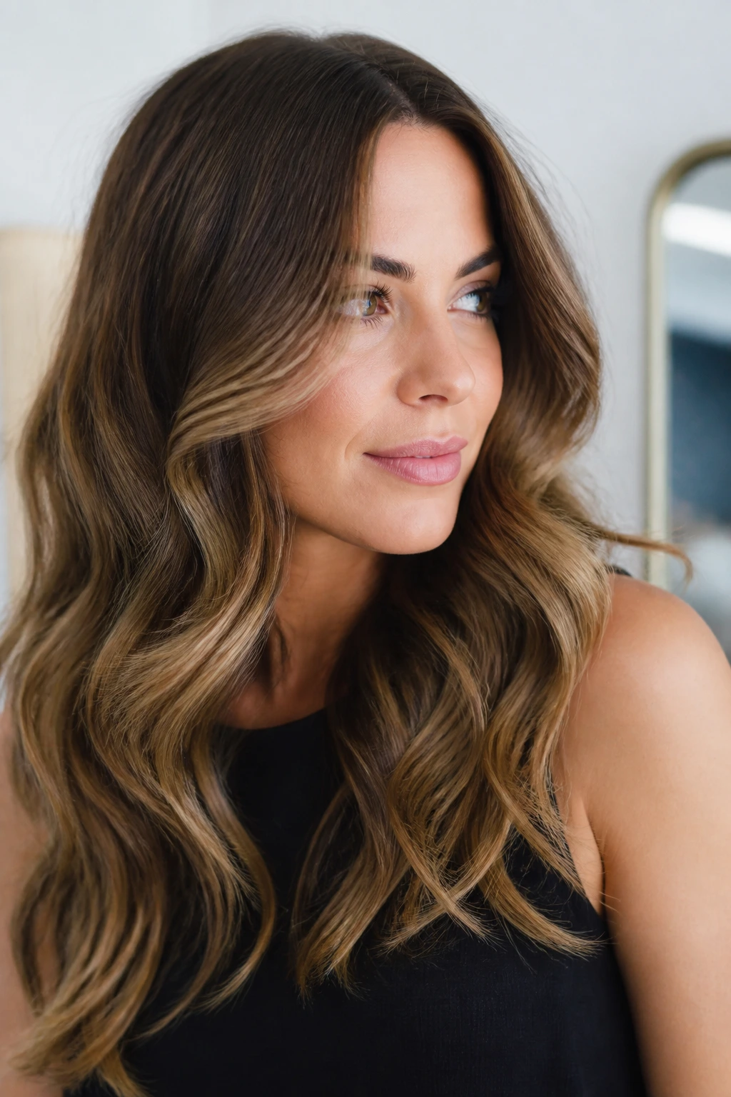 Portrait of a person with long barrel waves and cheekbone-low layers