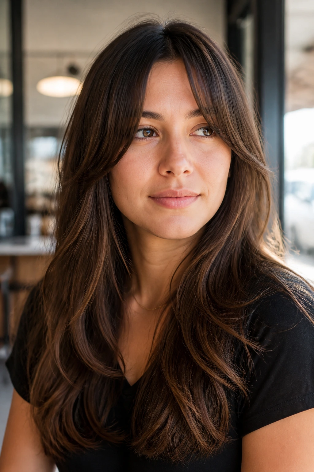Close-up portrait of a real woman with long blend-in curtain bangs at a cafe window