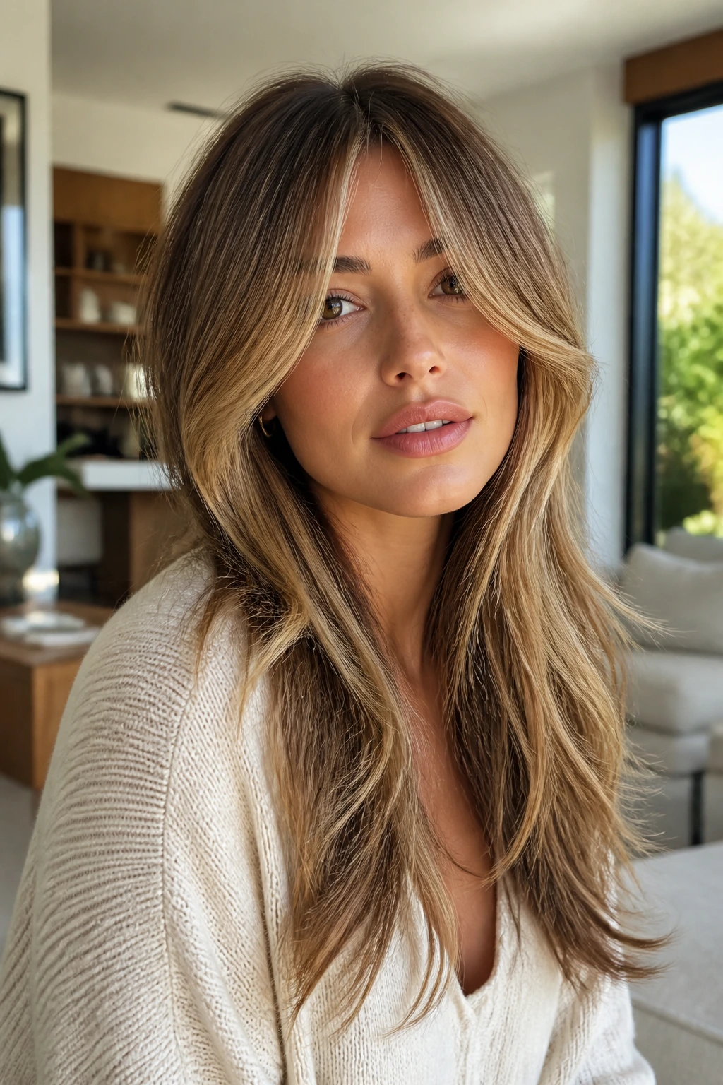 Portrait of a real woman with long blended bangs in a layered blowout