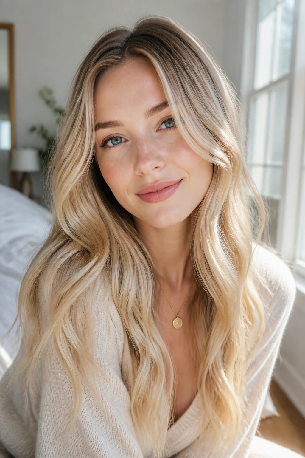 Close-up portrait of a real woman with long blonde hair and fair skin showing soft root shadow and beige tones