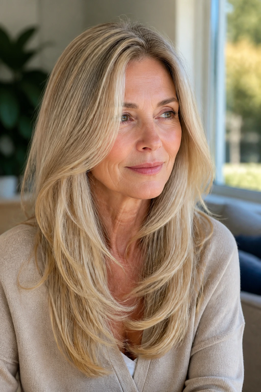 Portrait of a woman with shaped long blonde hair in natural daylight.