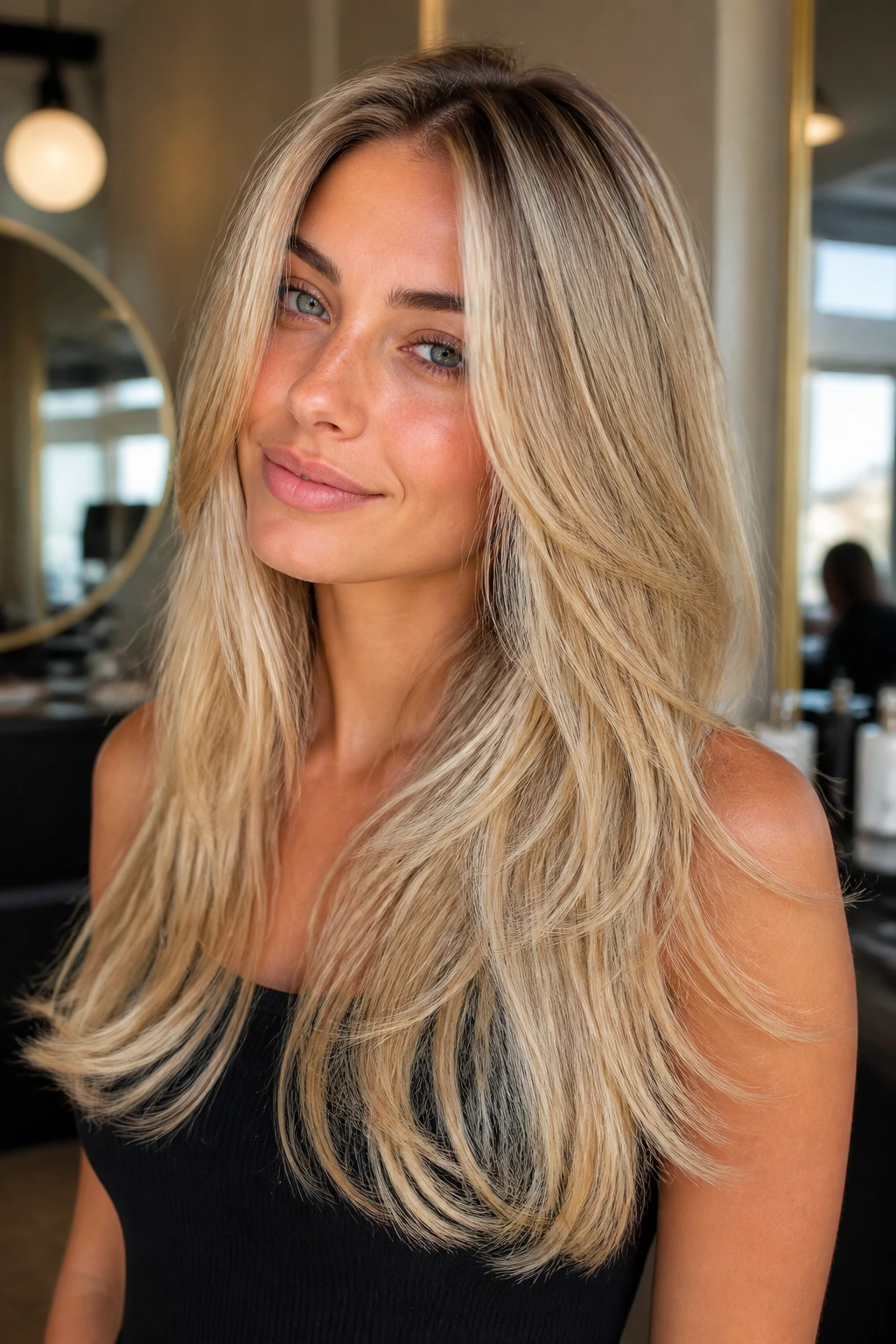 Close-up of a real blonde woman with long glossy layers and invisible layers in natural light