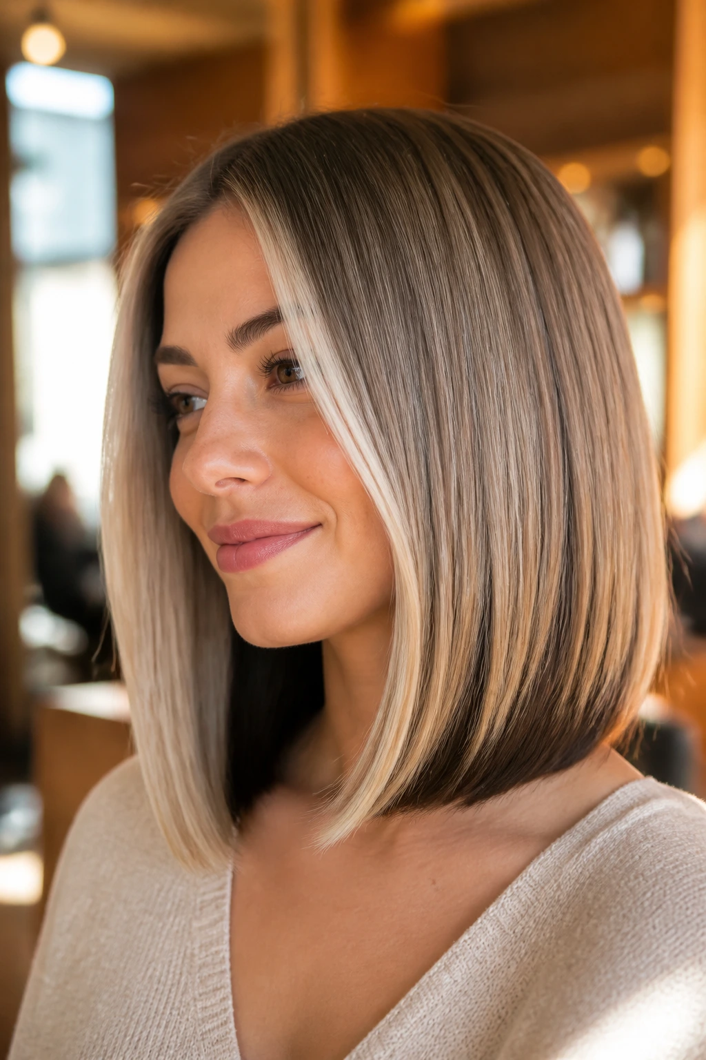 Close-up of woman with long blunt bob showing bright top layer and darker underneath