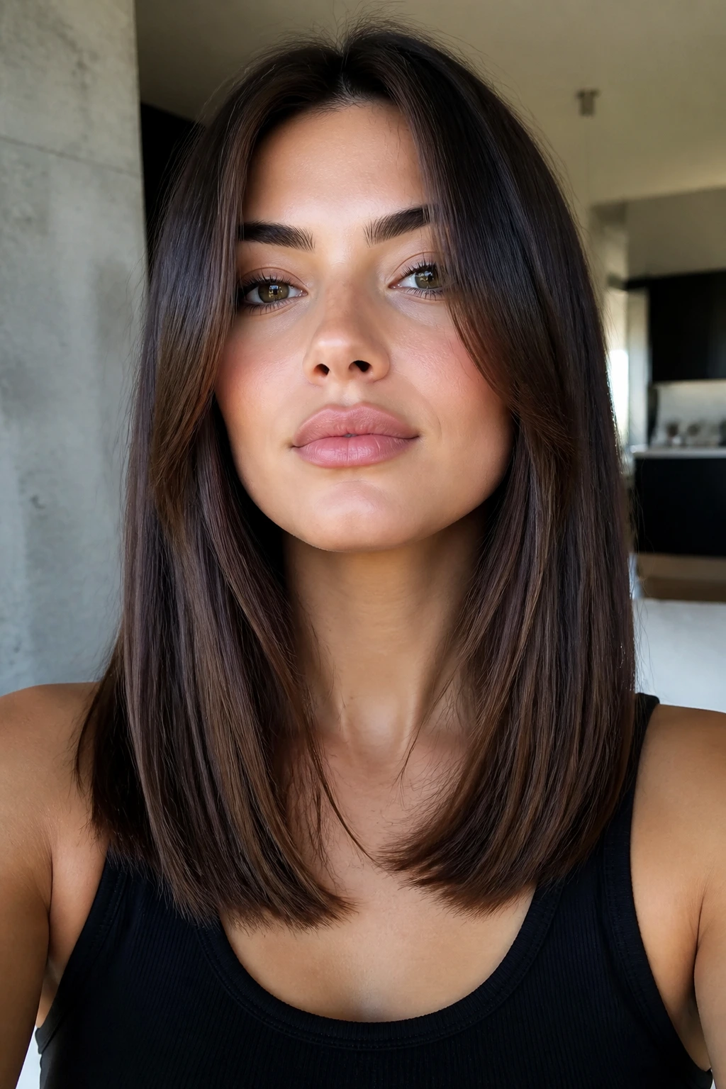 Close-up of a real woman with a long blunt cut and internal movement