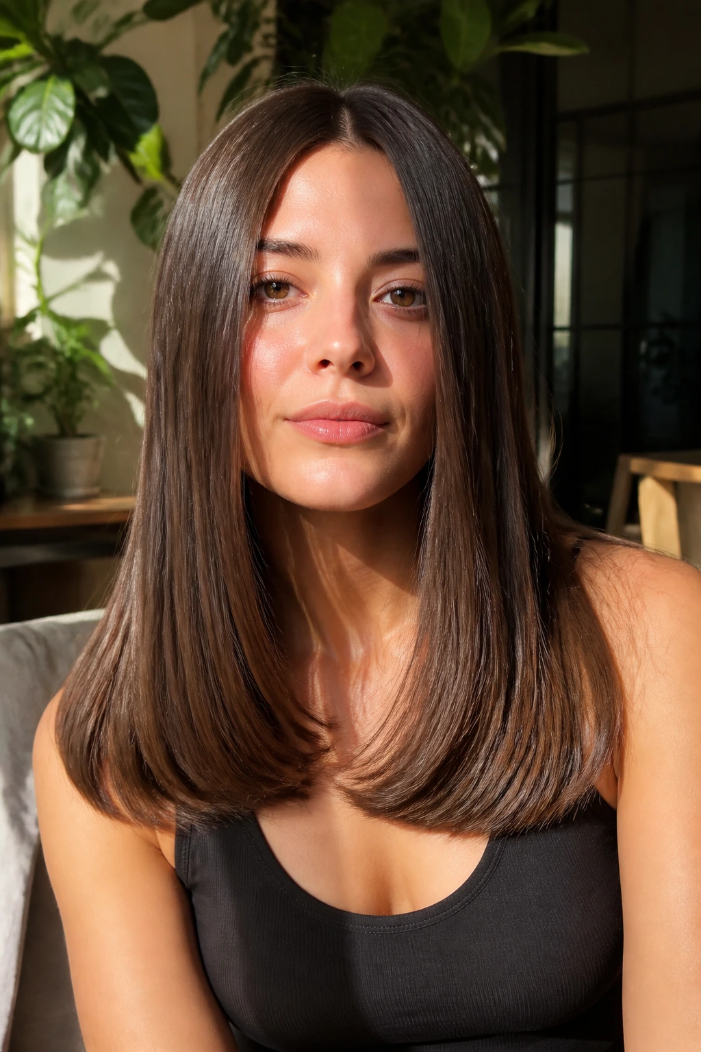 Close-up of a real woman with a long blunt cut and rounded ends.