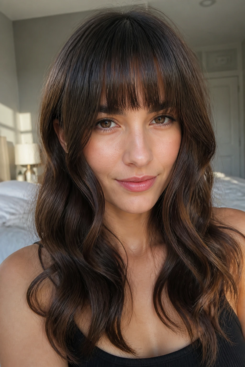 Real woman with long blunt fringe and face-framing pieces portrait
