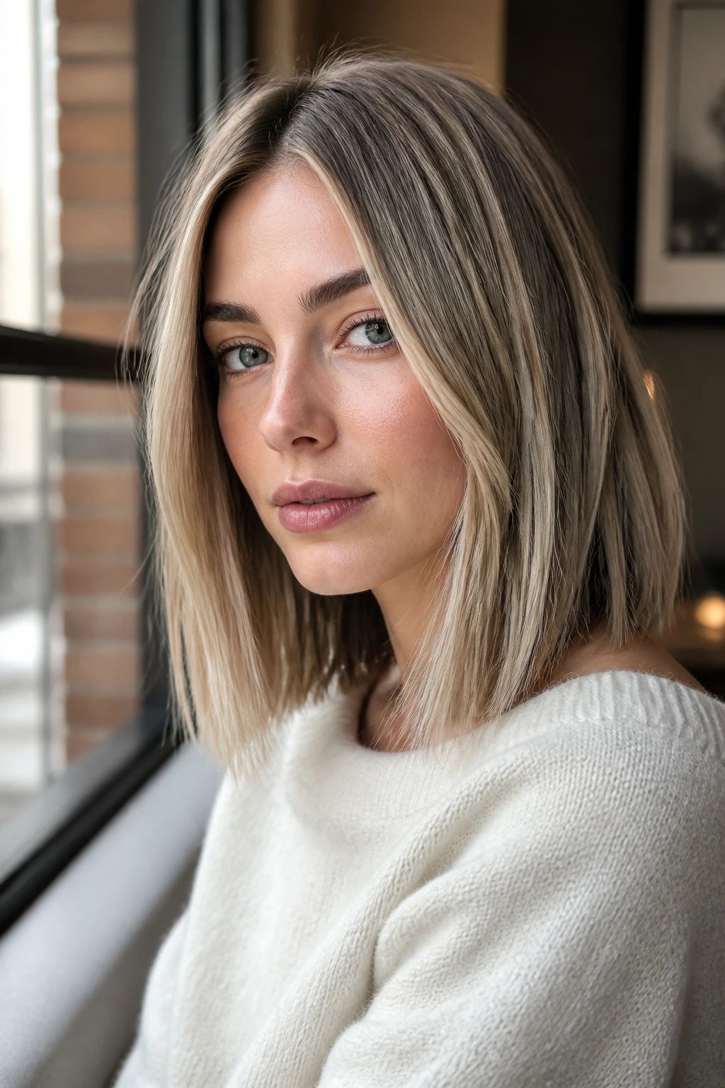 Portrait of real woman with long bob and ash-blonde babylights
