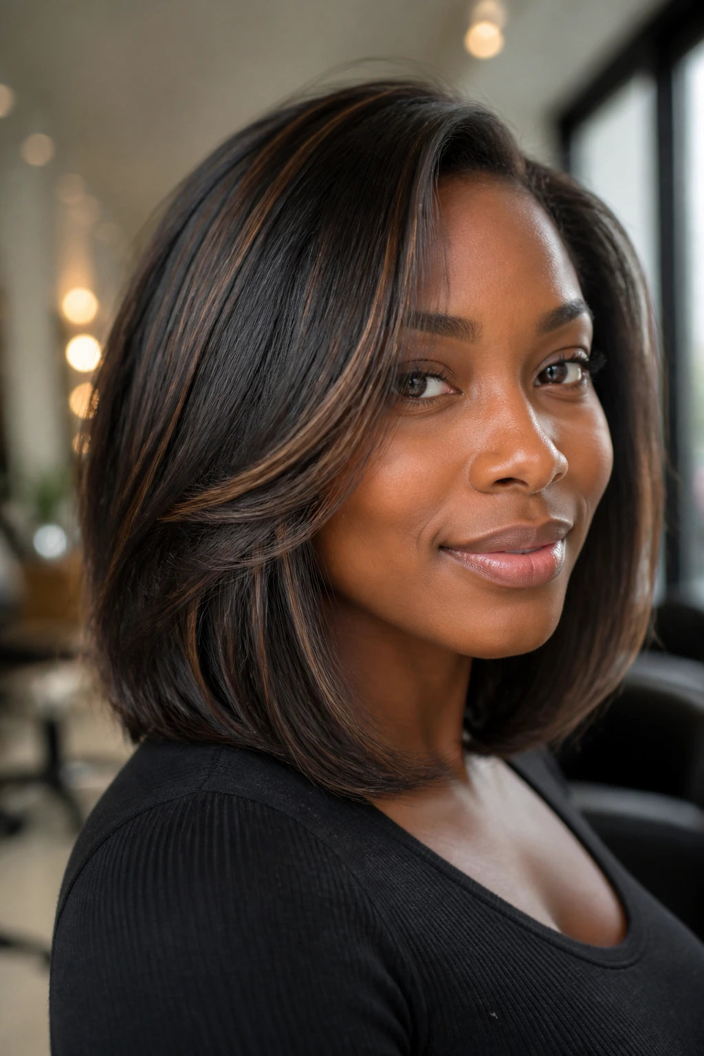 Close-up portrait of a real Black woman with a long layered bob and babylights, emphasizing shape and movement.