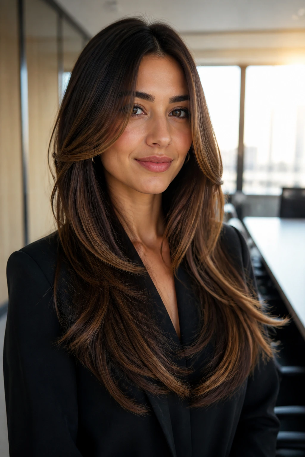Close-up of a real person with a long blowout cut and face-framing ribbons in an office setting