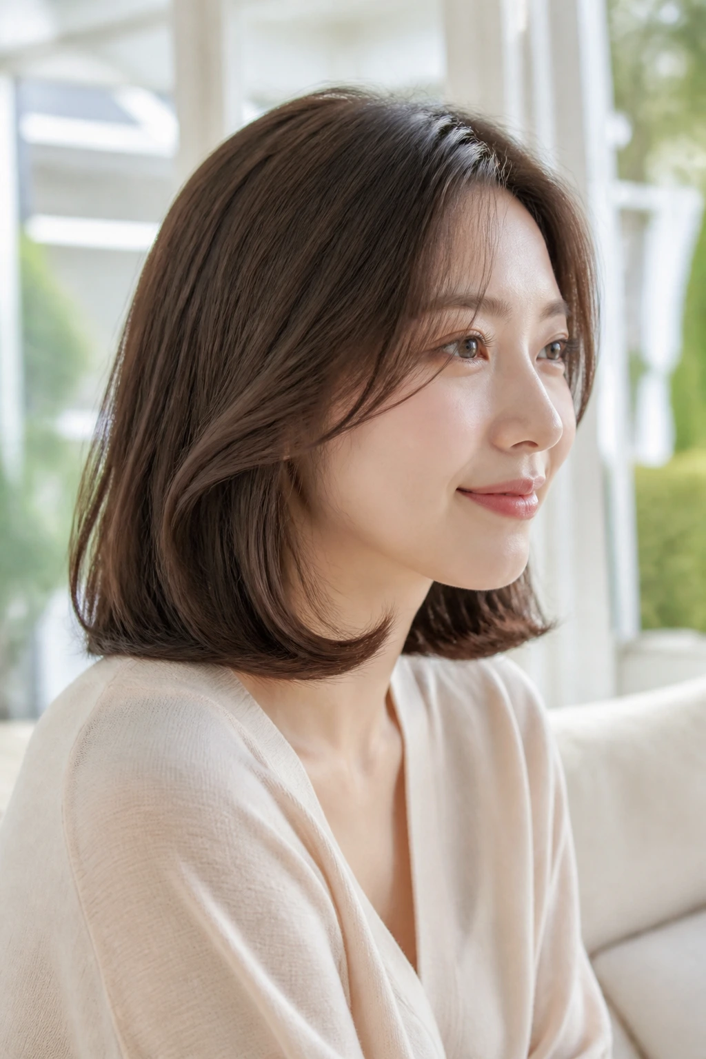 Portrait of a woman with a long bob featuring C-Curl ends and inward curling