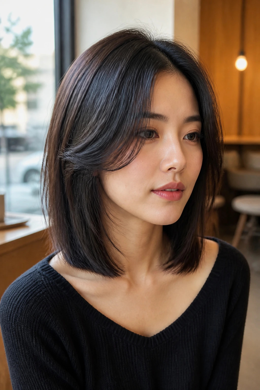 Close-up of a real person with a long bob and cheekbone layers