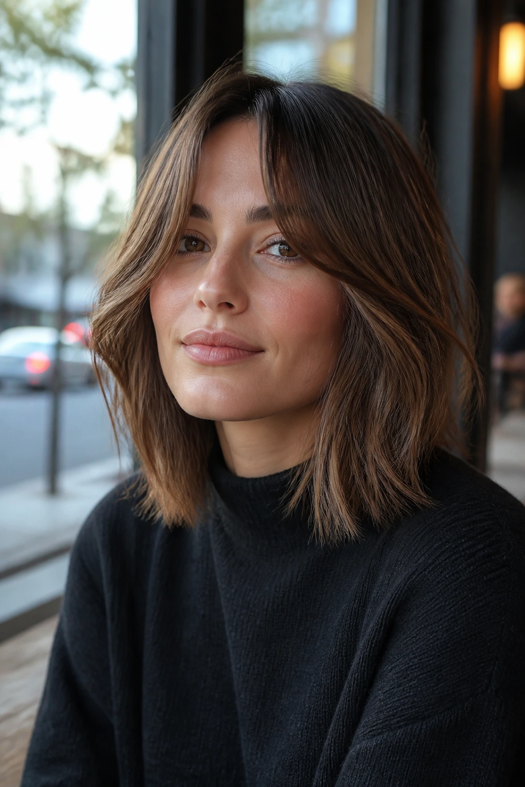 Close-up of a real woman with a long bob and curtain bangs in cafe light