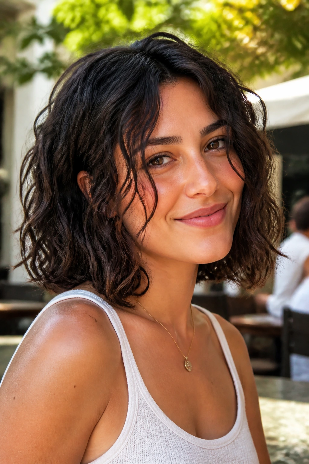 Portrait of a real woman with a long bob in a casual daytime setting