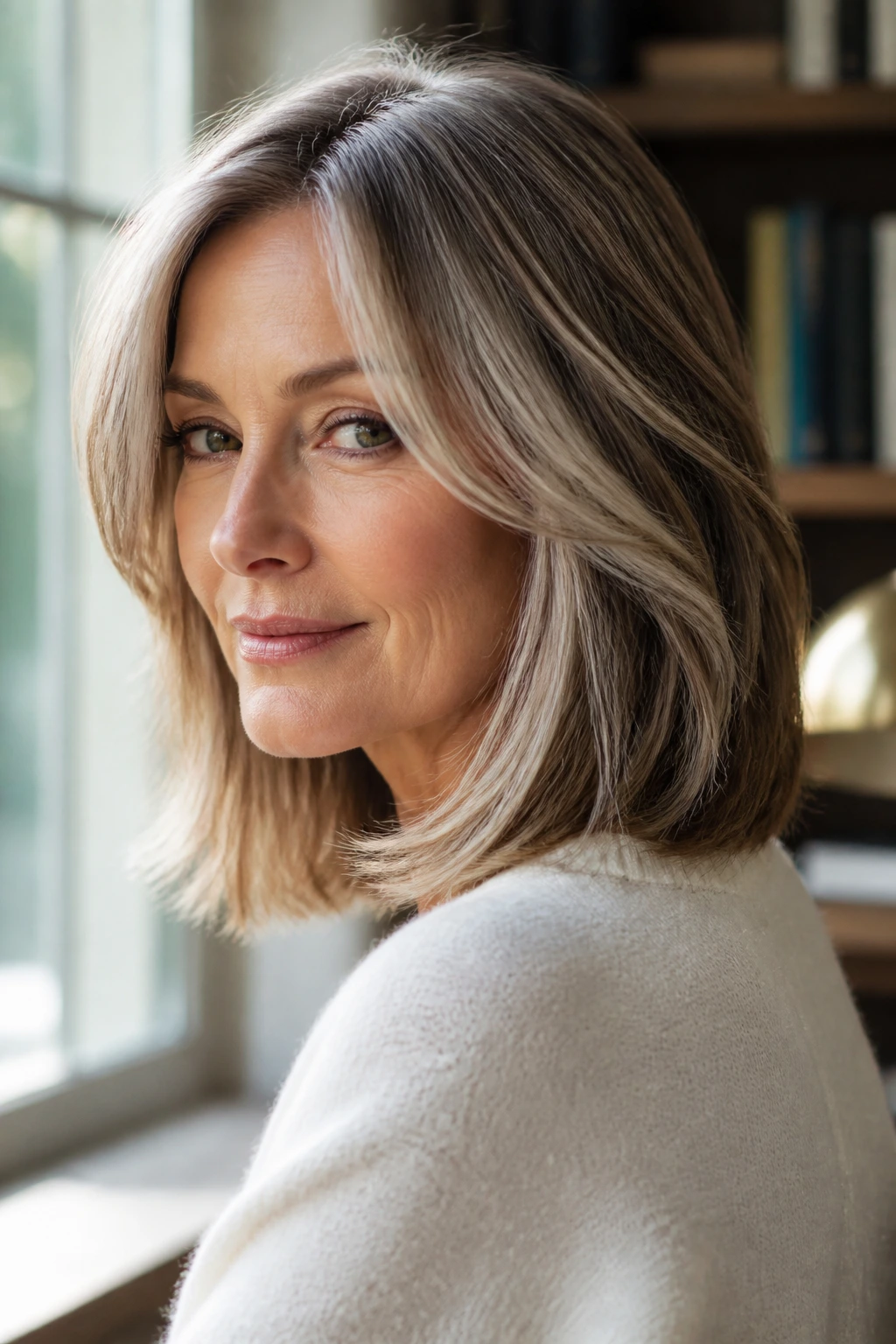 Close-up portrait of a real woman with a long bob and face-framing layers