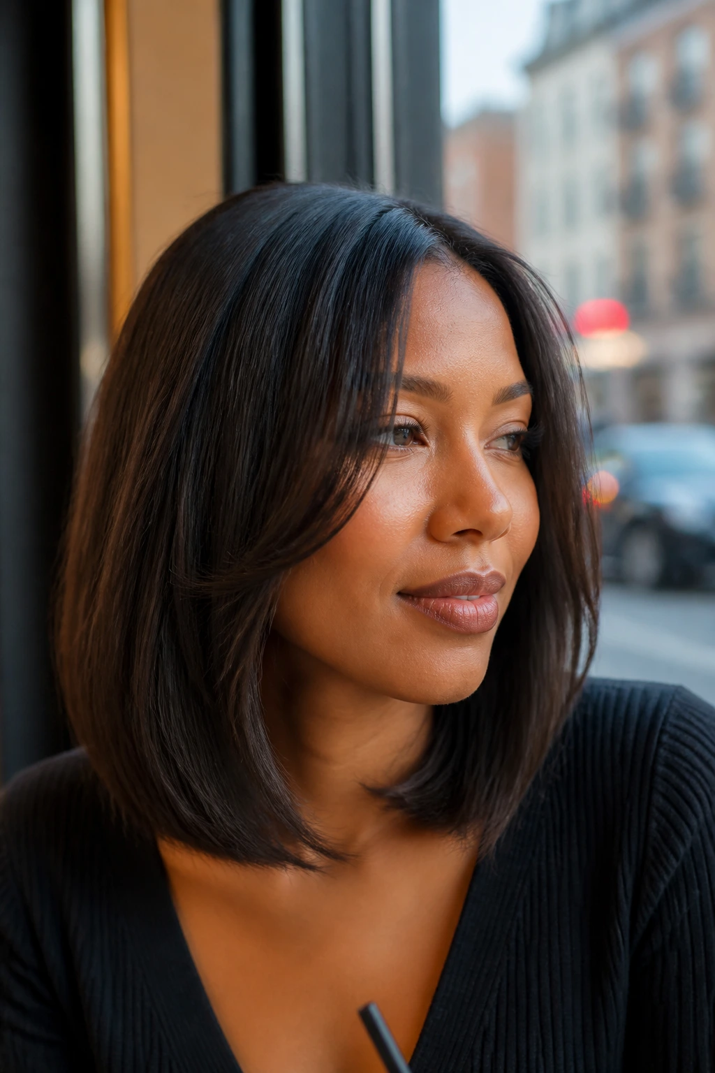 Portrait of a real woman with a collarbone-length long bob and face-framing layers