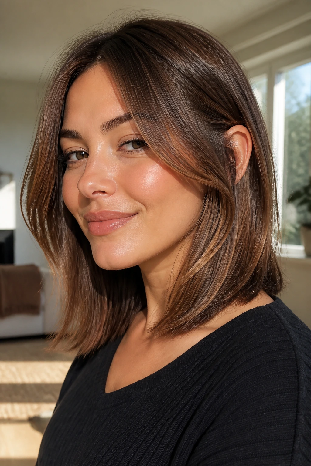 Close-up of a real woman with a long bob and feathered face frames, natural window light