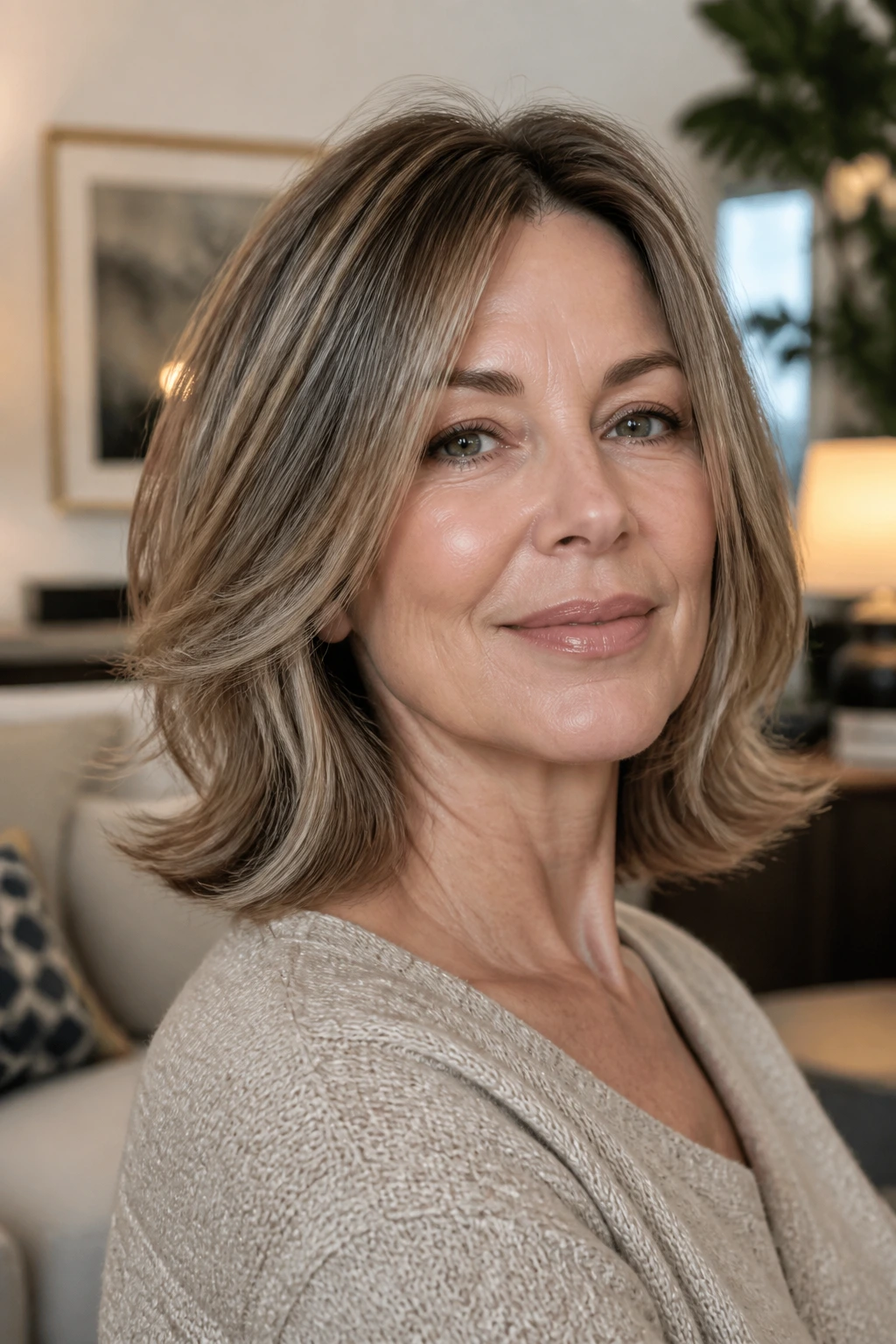 Close-up of a real woman with a long bob and fluttery ends