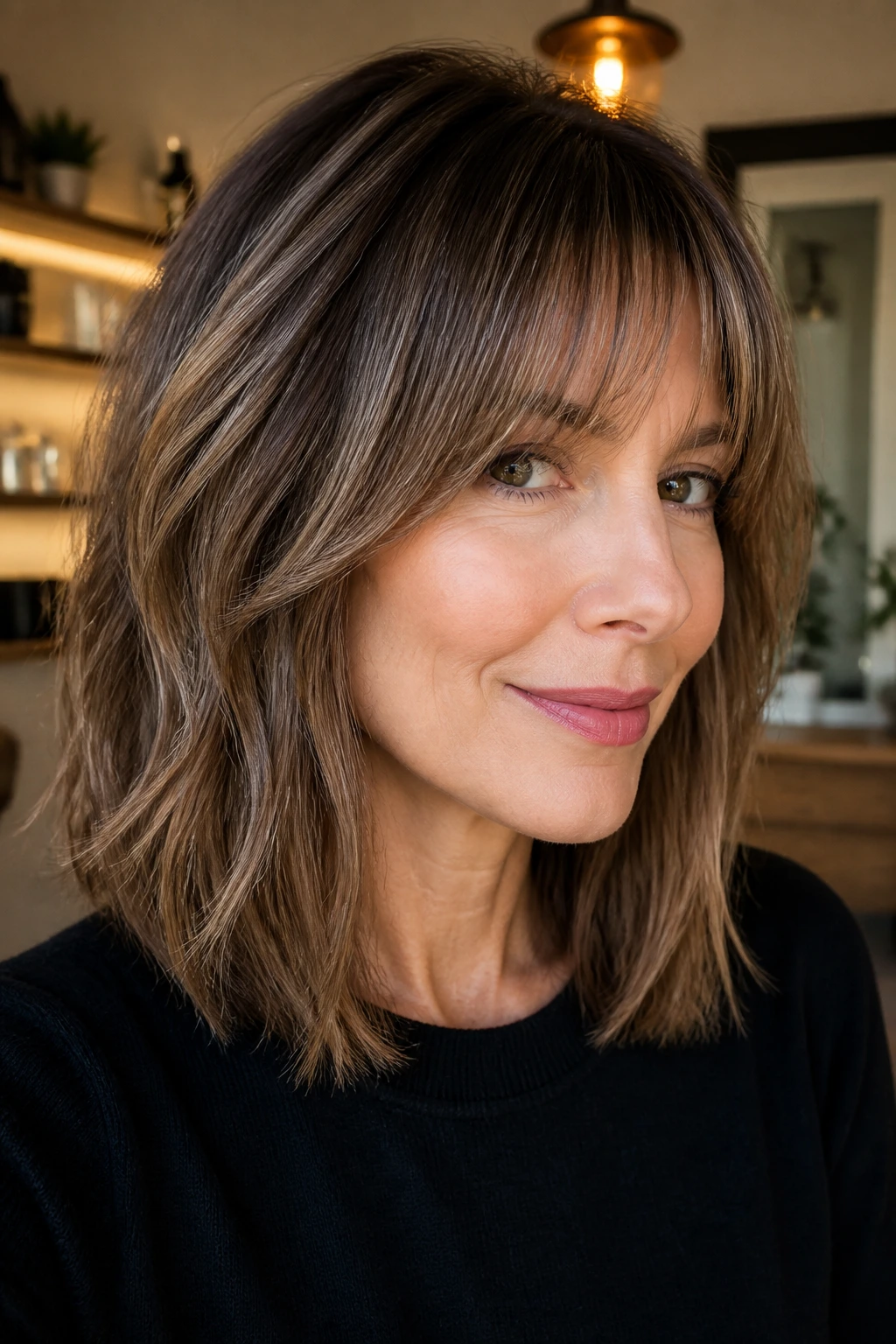 Close-up of a real woman with a long bob and dimensional lowlights