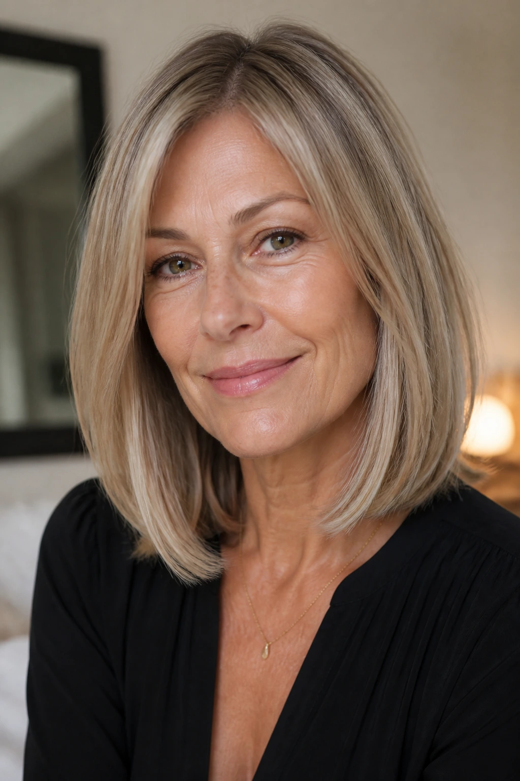 Close-up of a real woman with a long bob featuring hidden internal layers for fine hair
