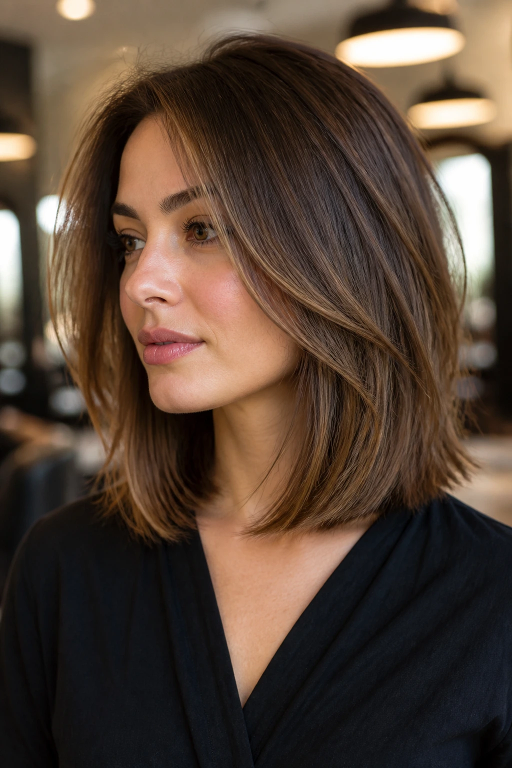 Close-up portrait of a real woman with a long bob featuring internal layers in a warm salon.