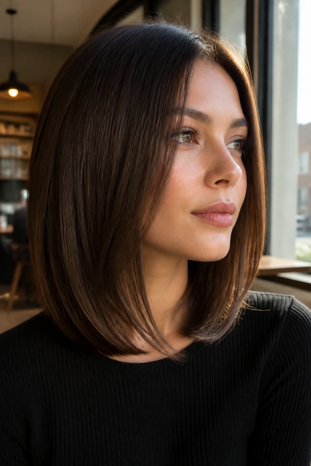 Close-up of a real person wearing a long bob with layers on straight hair in a cafe setting