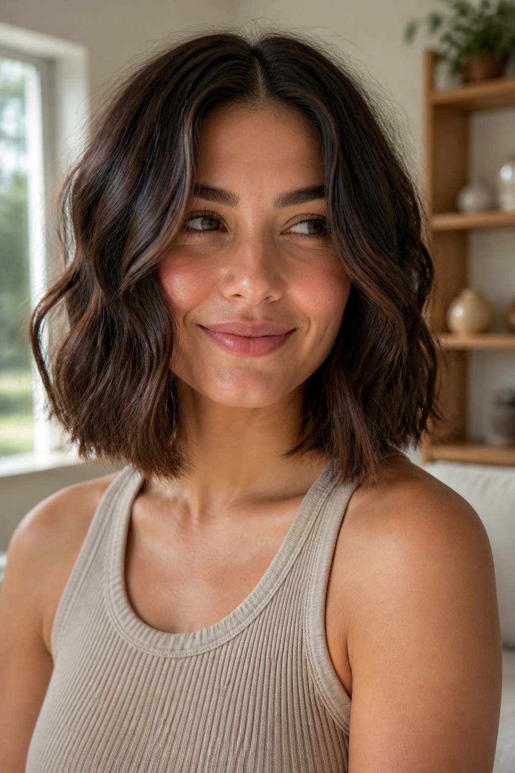 Close-up portrait of a real woman with a long bob featuring a crisp straight line and soft waves by a sunlit window