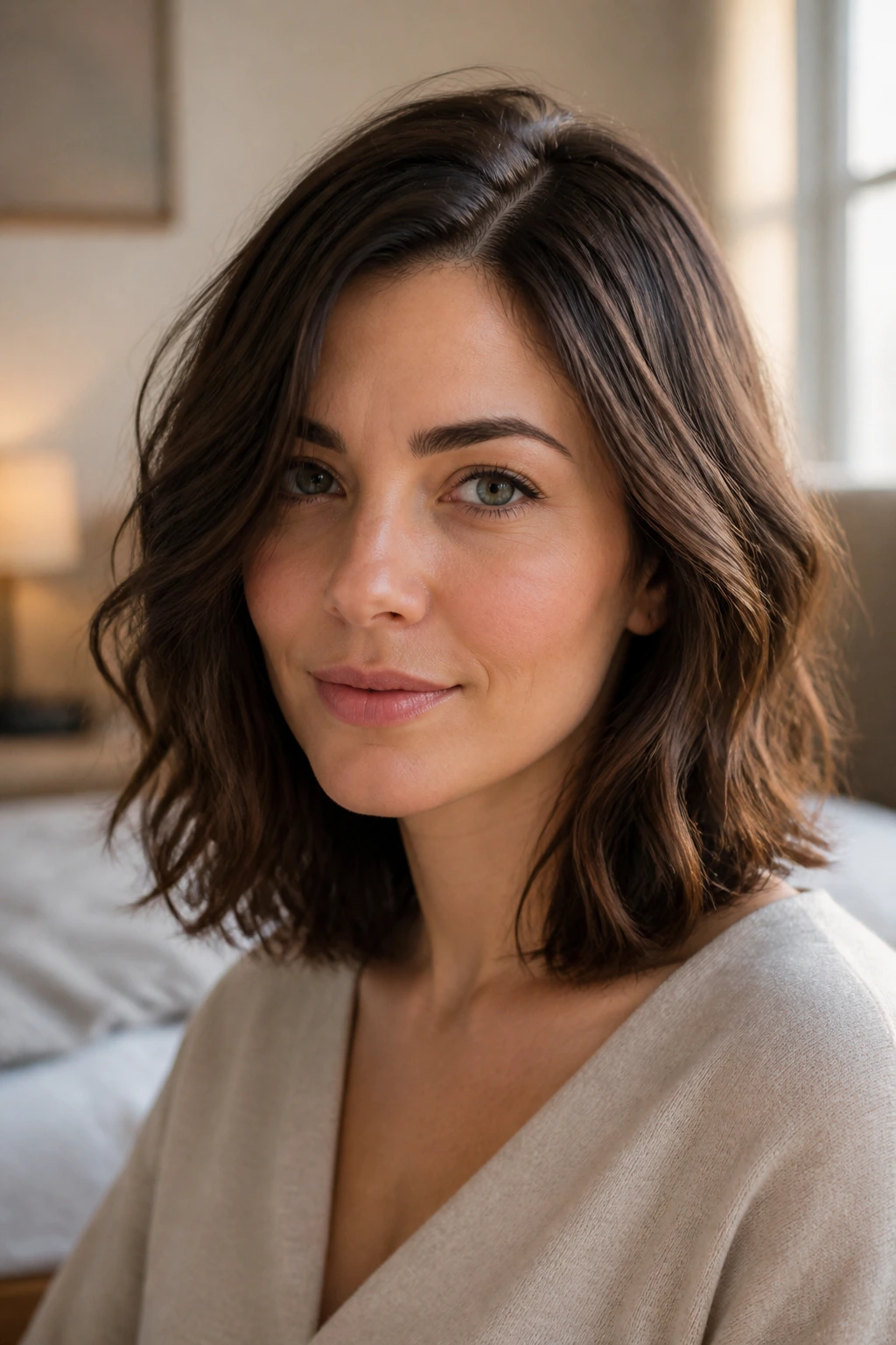 Close-up of a real woman with a wavy long bob and an off-center part.