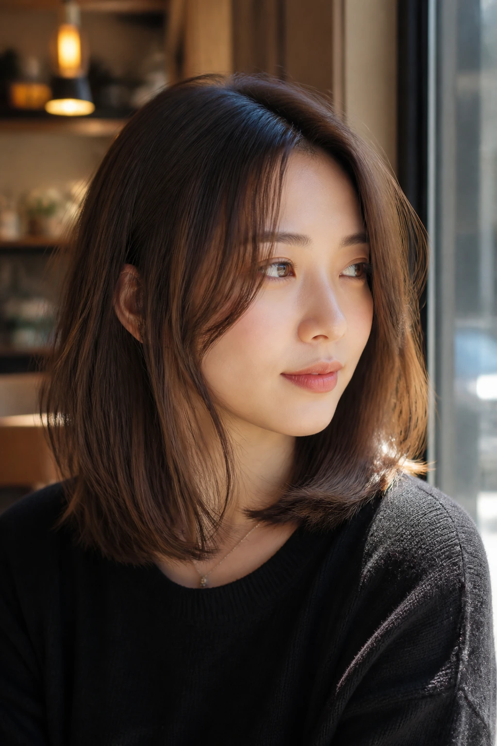 Portrait of a woman with long bob and peekaboo layers in sunlit cafe