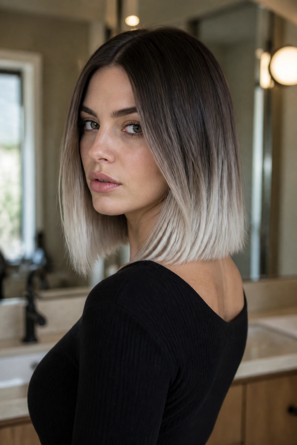 Long bob with platinum ends on brunette with dark crown