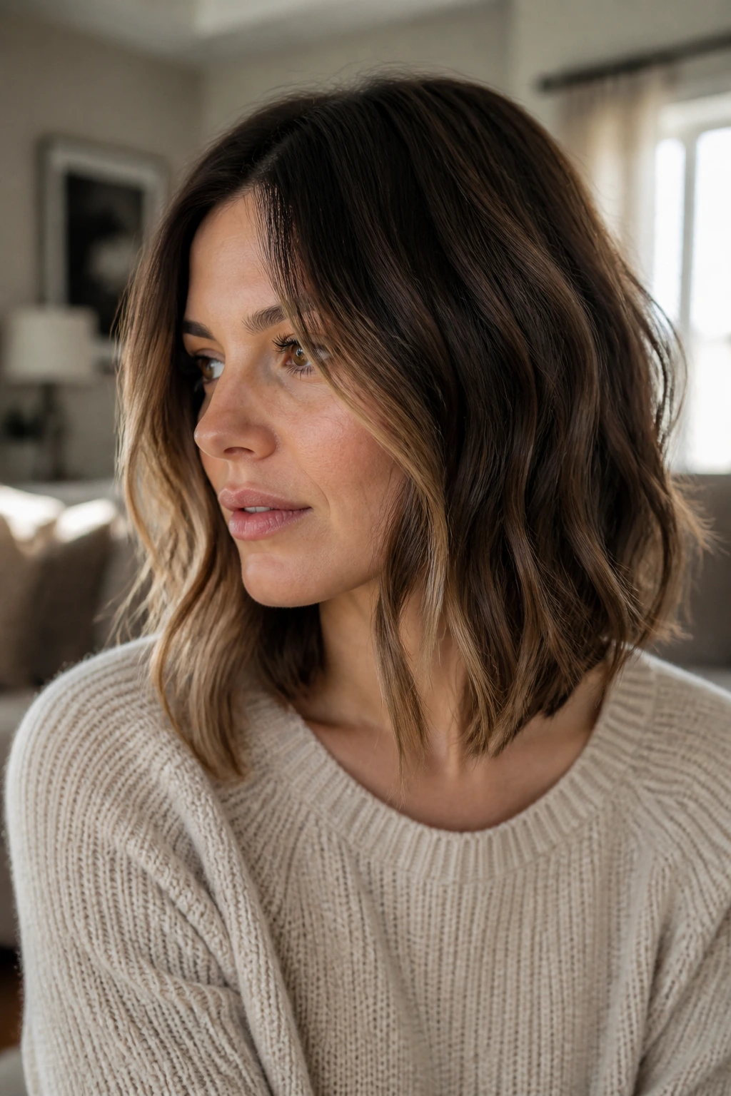Close-up of a real woman wearing a long bob with cheekbone-to-collarbone ribbons