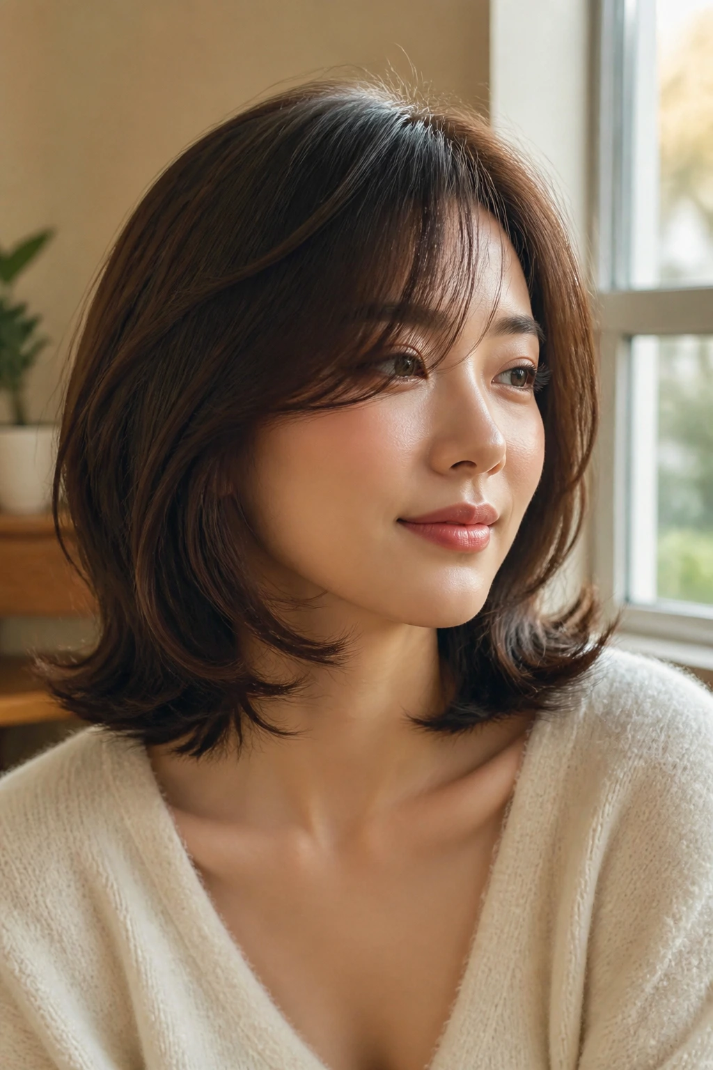 Close-up of a real woman with a long bob and S-curve ends in warm window light