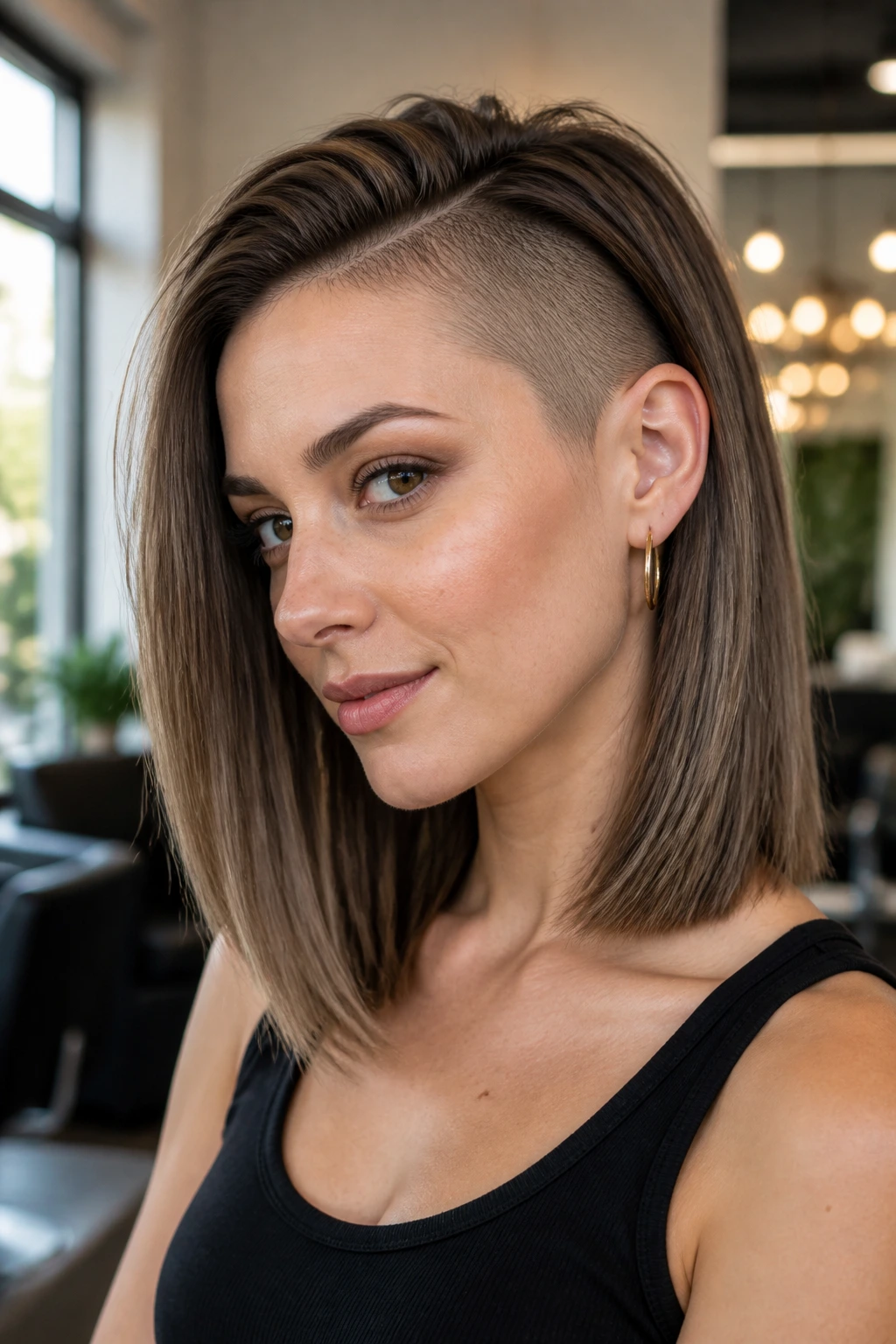 Portrait of a real woman with a one-side shaved long bob in a salon setting