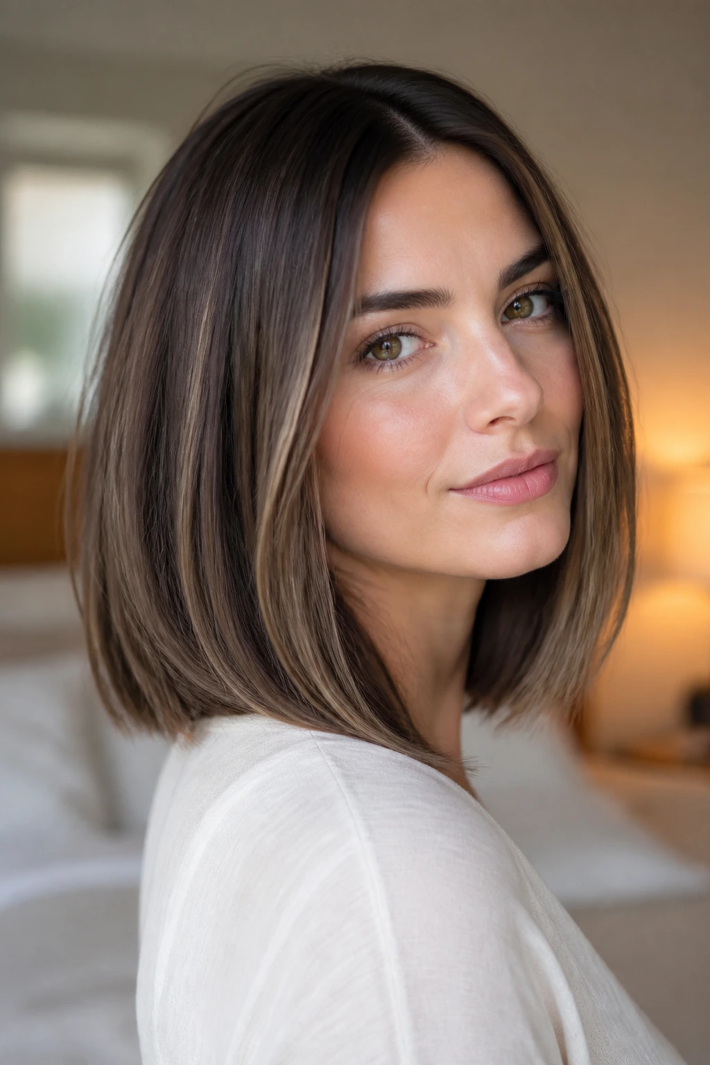 Close-up of a real woman wearing a long bob with a barely-there slope
