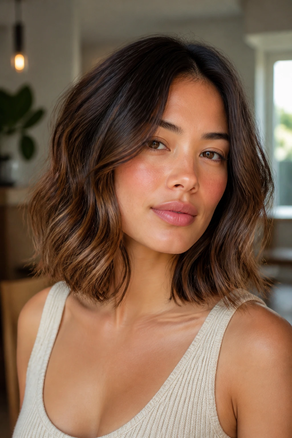 Close-up of a real woman with a long bob and soft U-shaped layers in natural window light.