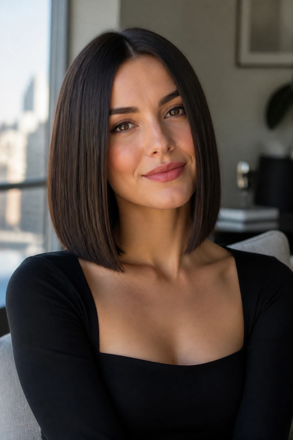 Real woman with a crisp long bob on straight hair in a chic room.