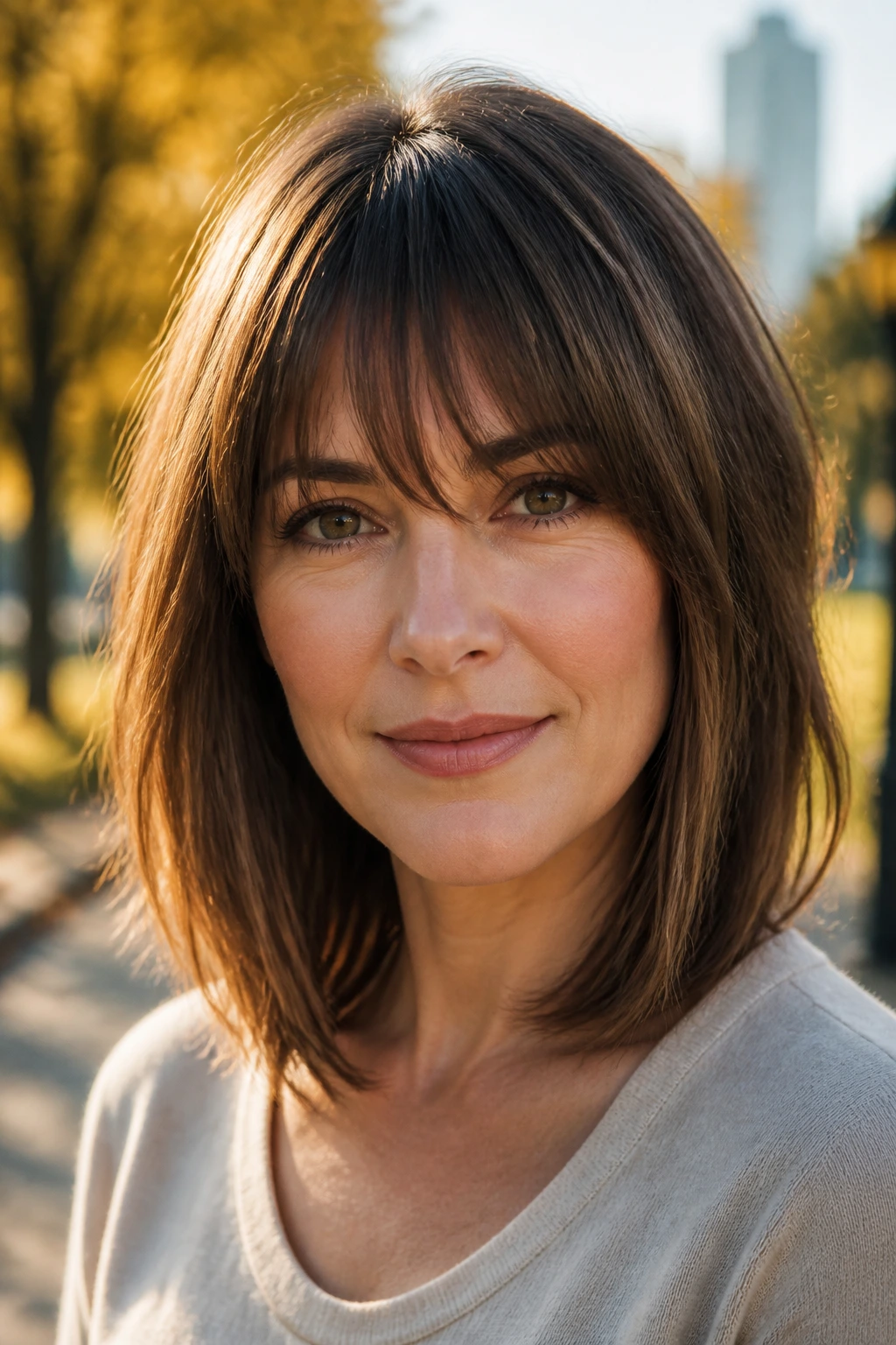 Portrait of woman with long bob and tapered fringe in park golden hour light