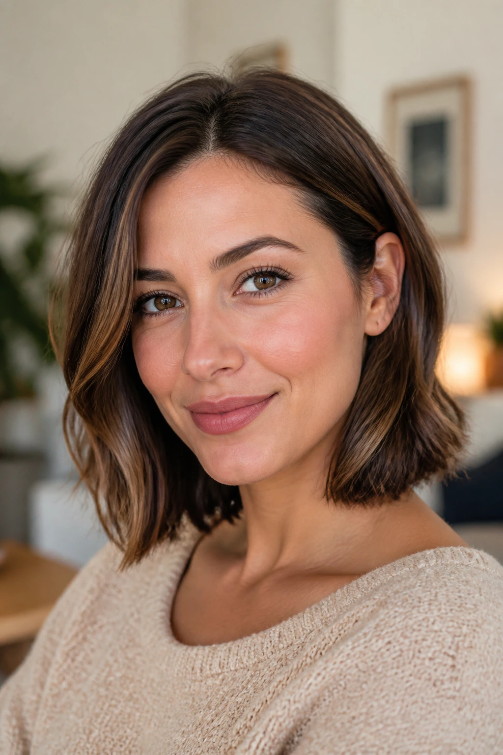Close-up portrait of a real woman with a long bob featuring tucked-under ends in warm window light