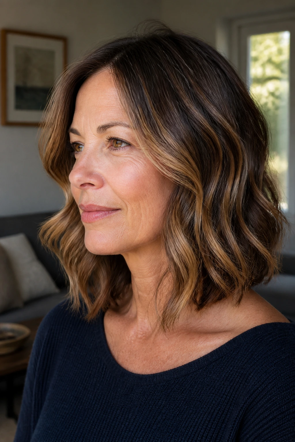 Close-up of a woman with a shoulder-length lob and soft waves