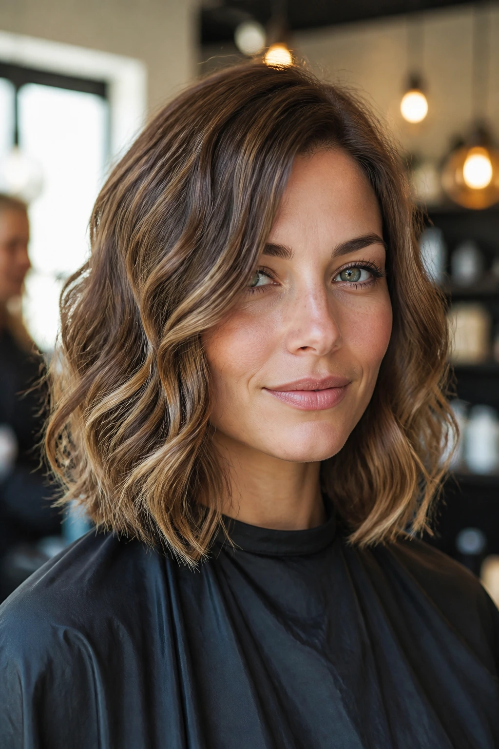 Close-up of a real woman with a long bob and soft waves softening a square jaw in a sunlit salon