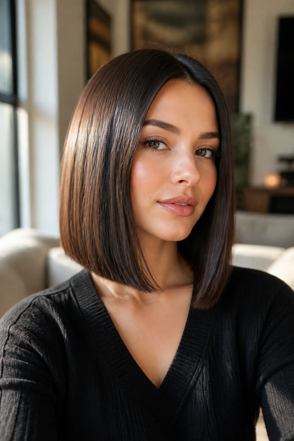 Close-up of a real woman with a straight, collarbone-length long bob.
