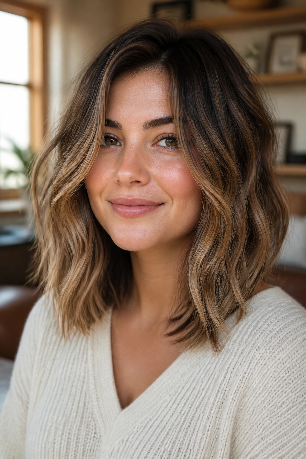 Close-up of a real woman with a shoulder-to-collarbone long bob and soft waves in warm window light