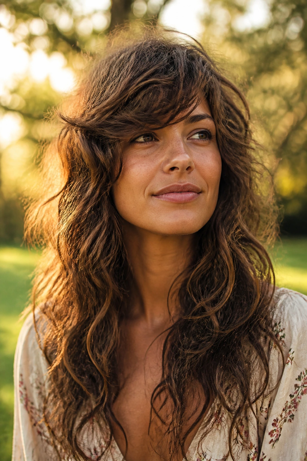 Real person with long, loose bohemian shag and side-swept bangs in golden-hour light.